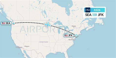 JFK to Seattle nonstop flight map showing American Alaska Delta and JetBlue services