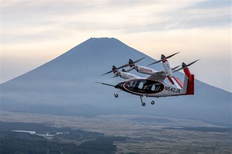 Joby Aviation’s electric air taxi during its first flight in Japan with Mount Fuji in the backdrop
