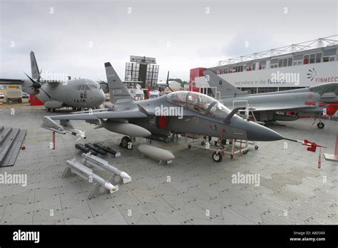 Leonardo M-346 jet trainer on static display at European airshow