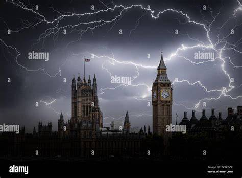 Lightning over London Heathrow with British Airways aircraft waiting for departure