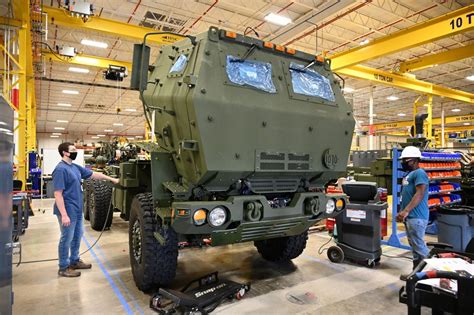 Lockheed Martin M142 HIMARS production facility assembling rocket artillery systems