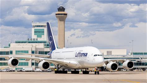 Lufthansa A380 parked at Denver International Airport terminal