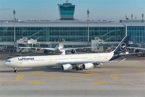 Lufthansa Airbus A340-600 parked at Frankfurt Airport widebody apron