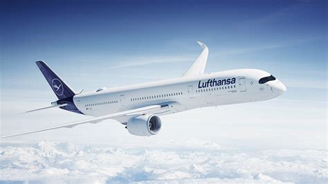 Lufthansa Airbus A350 long haul flight over Europe skyline