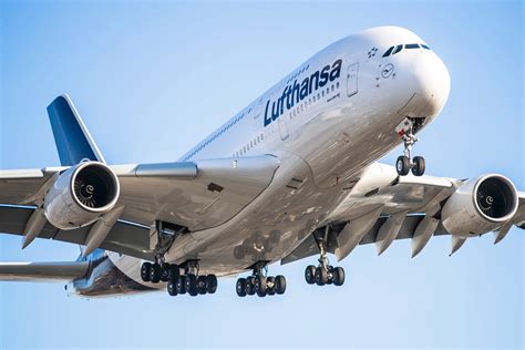 Lufthansa Airbus A380 approaching San Francisco International Airport over Bay Area