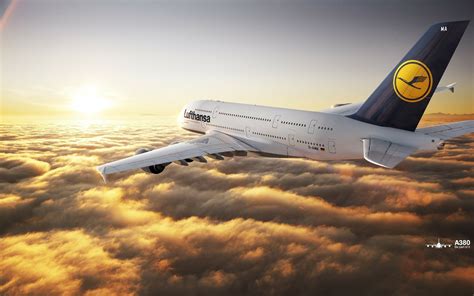 Lufthansa Airbus A380 cruising above clouds during long haul flight