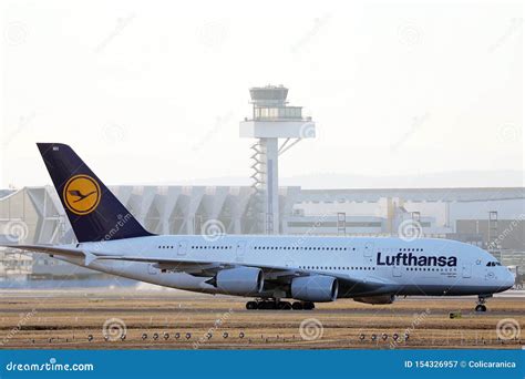 Lufthansa Airbus A380 taxiing at Frankfurt Airport during peak departure wave