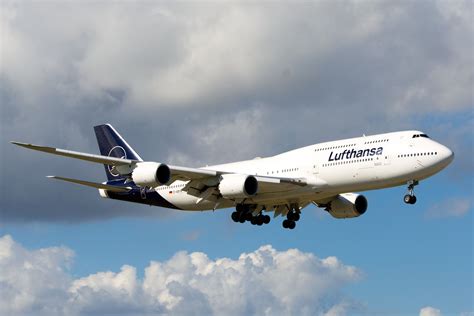 Lufthansa Boeing 747-8i landing at Newark airport during peak hours