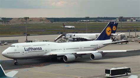 Lufthansa Boeing 747-8i taxiing at Frankfurt Airport with engines running