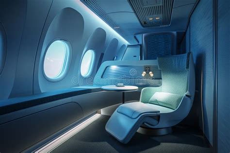 Luxurious airplane cabin interior with mood lighting