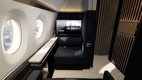 Luxurious Lufthansa First Class cabin interior with seat-bed