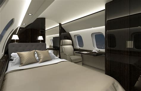 luxury cabin interior of bombardier global 8000 showing nuage seating and circadian lighting