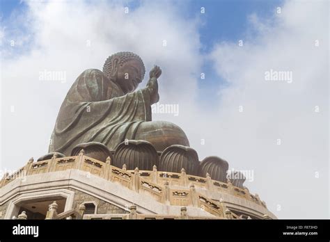 Majestic Tian Tan Buddha statue viewed from below on Lantau Island