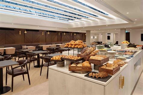 Marriott executive lounge with breakfast spread and city view