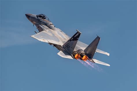 McDonnell Douglas F-15 Eagle fighter jet climbing after takeoff