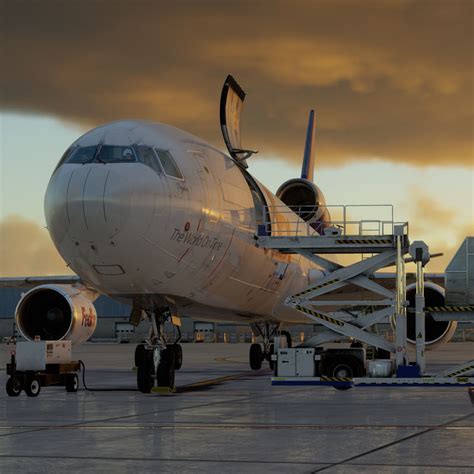 MD-11 freighter braking on touchdown with smoke from tires