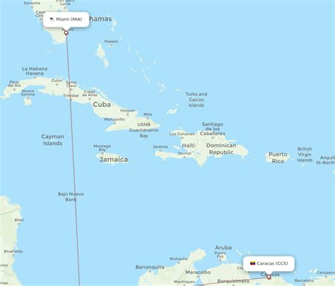 Miami to Caracas flight path map over Caribbean aviation routes