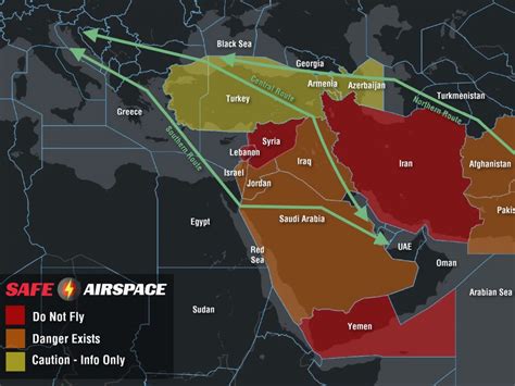 Middle East airspace map showing rerouted airline flight paths during Israel-Iran conflict