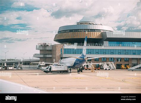 Minsk National Airport at night with Belavia’s A330 taxiing after arrival