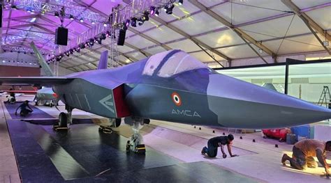Mockup of future Indian stealth fighter concept showcased at Defence Expo 2025