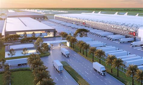 modern air cargo logistics hub with multiple medium freighters loading