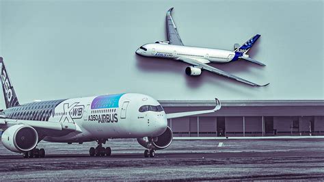 modern fuel-efficient Airbus A350 widebody aircraft departing international airport runway