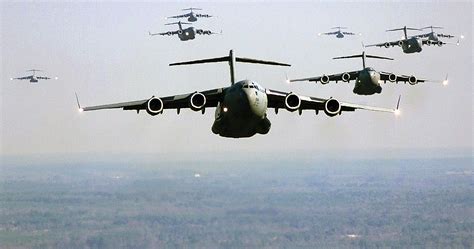 multinational C-17 Globemaster III formation during allied military exercise