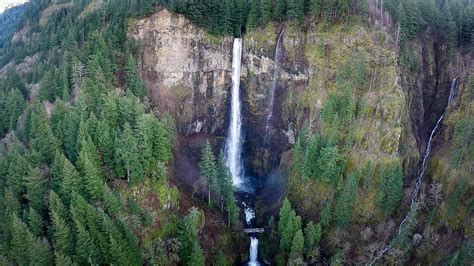 multnomah falls aerial view framed by autumn colors