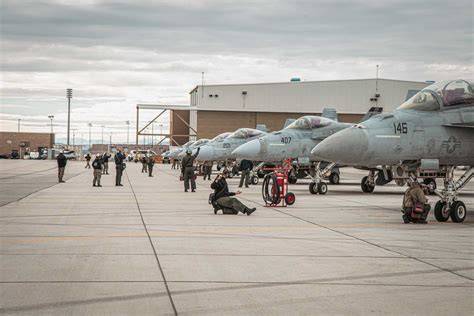 NAS Fallon flight line with carrier air wing aircraft preparing for NAWDC training over Nevada ranges