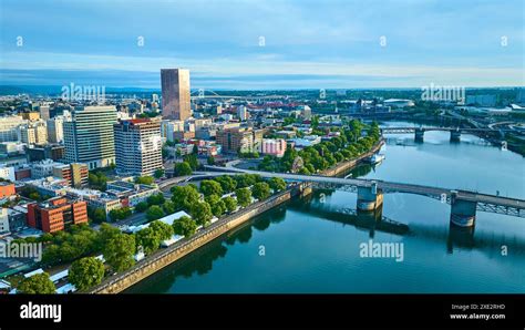 night aerial view of downtown portland and bridges
