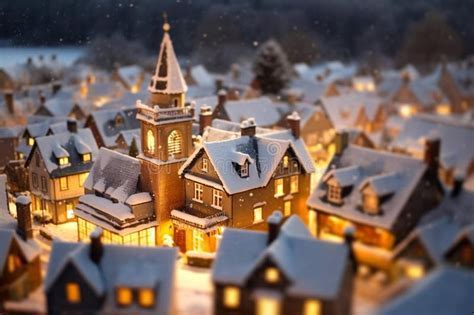 Night scene in Megève village with twinkling lights and snow-covered rooftops
