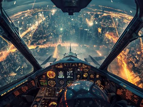 nighttime view from cockpit cruising over illuminated cityscape