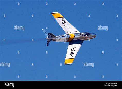 North American F-86 Sabre swept-wing fighter jet in Korean War-era US Air Force markings