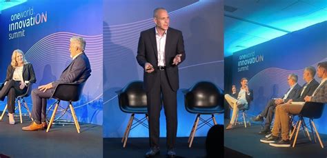 oneworld innovation summit 2025 keynote speaker with airline executives on stage