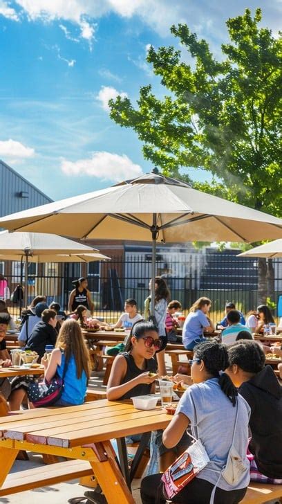outdoor dining scene in popular tourist district, summer 2025