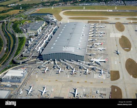 overhead view of busy heathrow airport terminals