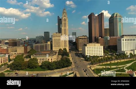 panoramic aerial view of Columbus cityscape during golden hour flight