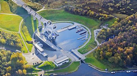 panoramic view of the Falkirk Wheel with families touring the area