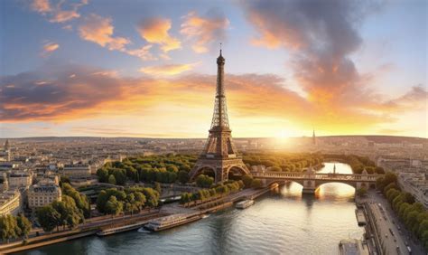 Paris skyline with Eiffel Tower as seen from Montmartre at sunset
