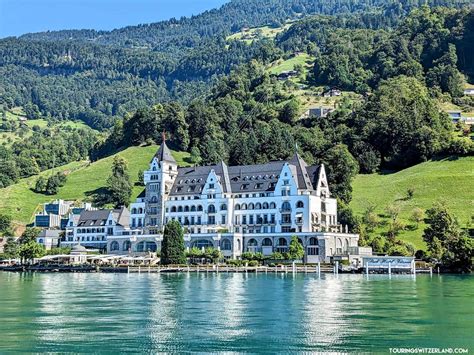Park Hotel Vitznau overlooking Lake Lucerne at twilight