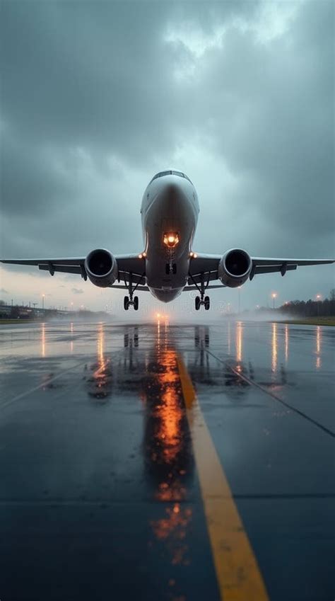 passenger aircraft landing on wet runway during heavy rain with runway reflections