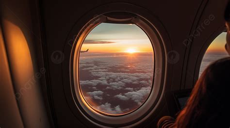 Passenger looking out an airplane window at the wing and clouds