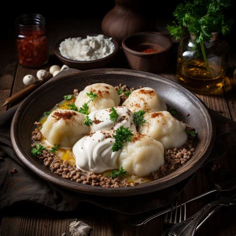 Plate of traditional Lithuanian Cepelinai with sour cream and bacon
