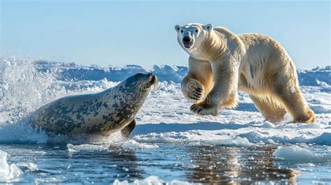 Polar bears hunting along Arctic sea ice near expedition cruise route to the North Pole