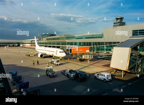 Prague Vaclav Havel Airport skyline with American Airlines Boeing 787 arrival