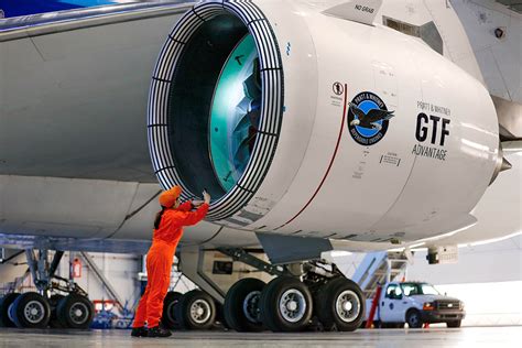 Pratt and Whitney GTF engine maintenance inspection on Airbus A220