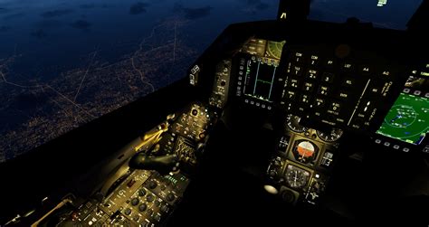 prepar3d v6 cockpit view over cityscape in dusk lighting