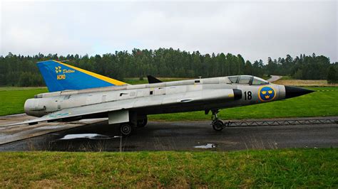 privately owned Saab J35 Draken on tarmac in Sweden