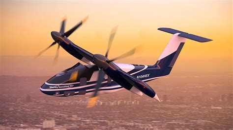 prototype electric rotorcraft hovering near a city skyline with multiple small rotors visible