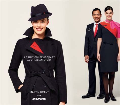 qantas cabin crew in martin grant-designed uniforms smiling onboard aircraft aisle
